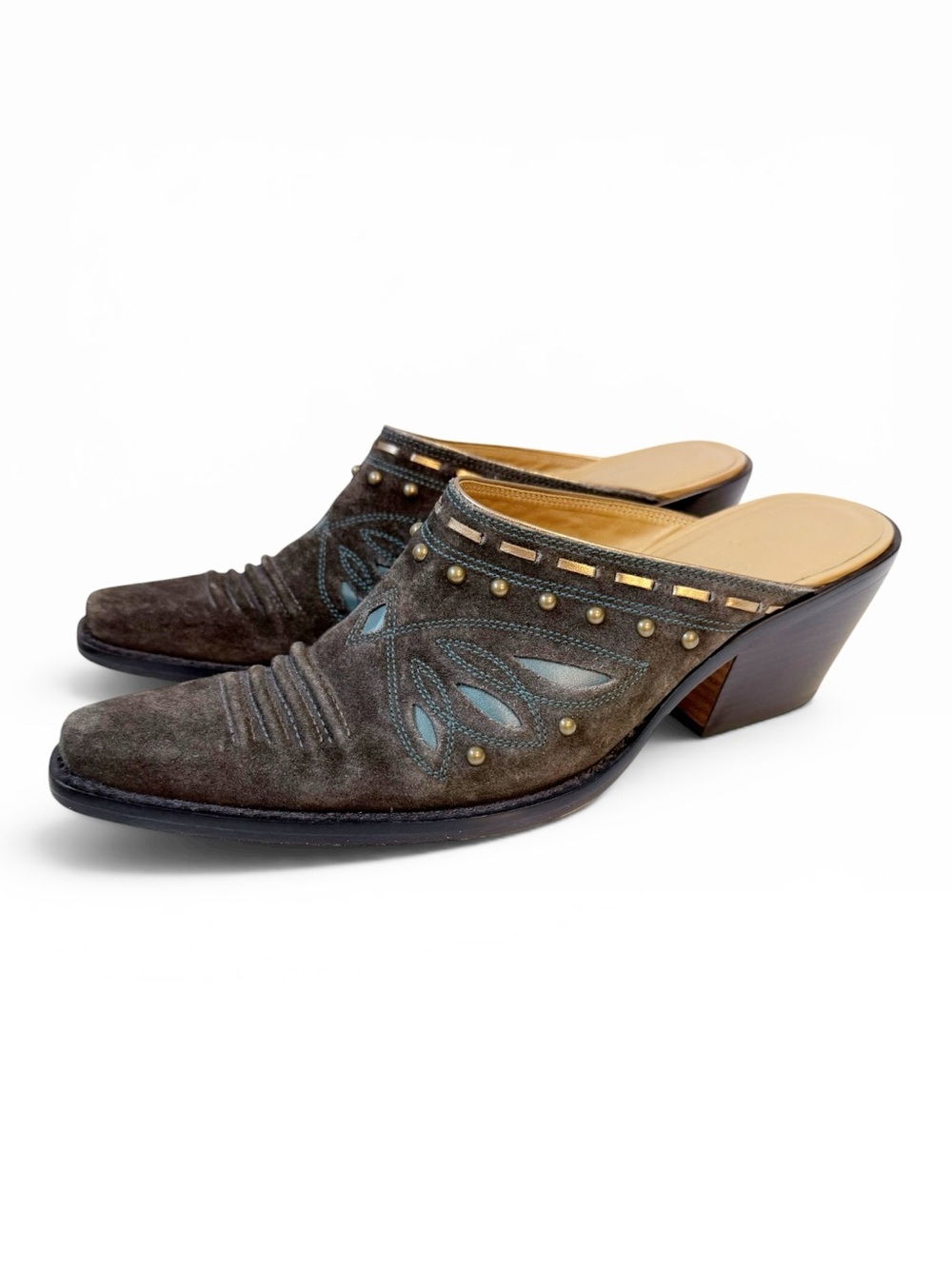 Cole Haan Morgen Suede Western Studded Mule Grey Brown Size 8.5 B